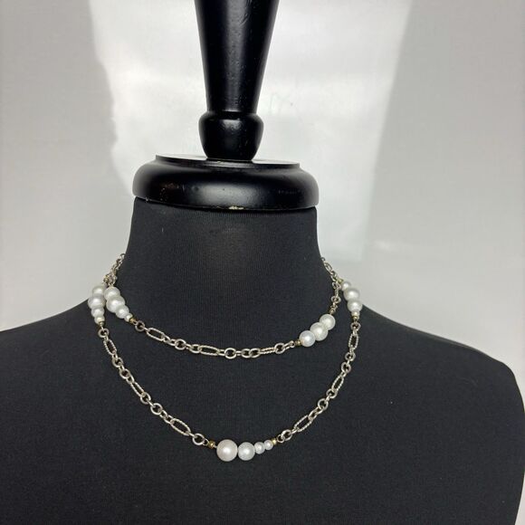 David Yurman Cable Link Station Pearl Necklace Sterling Silver/ 18k Gold 36” vtg